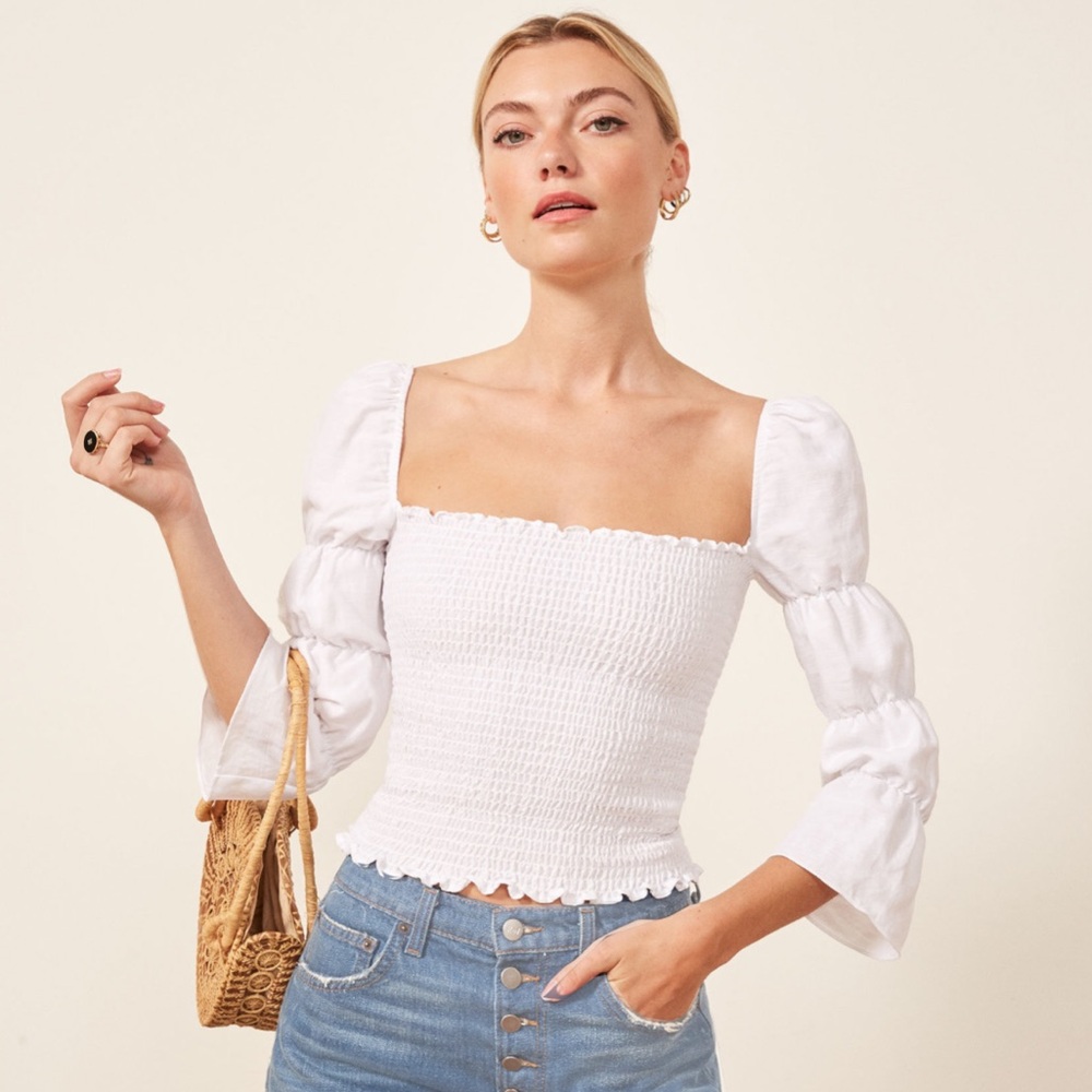 Reformation White Smocked Blouse